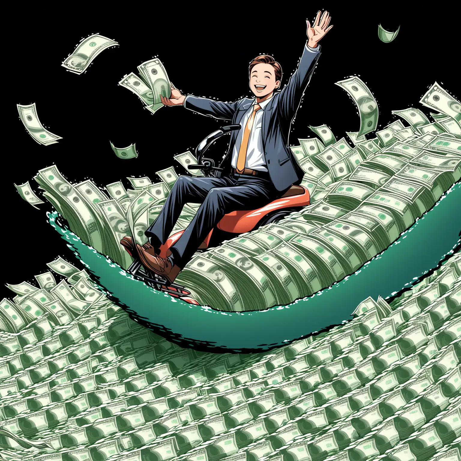 Person Joyfully Riding a Cash Wave Transparent Background