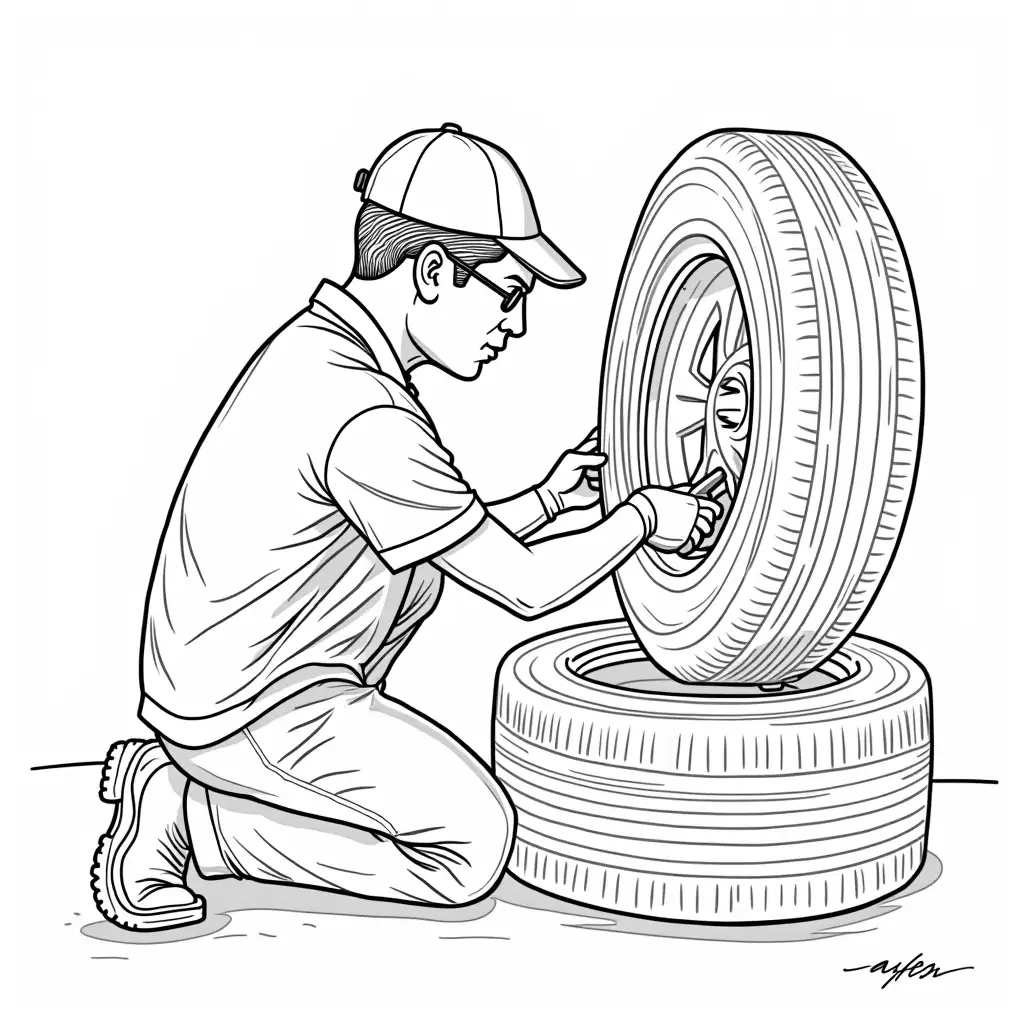 Mechanic-Repairing-Tires-in-Black-and-White-Line-Art