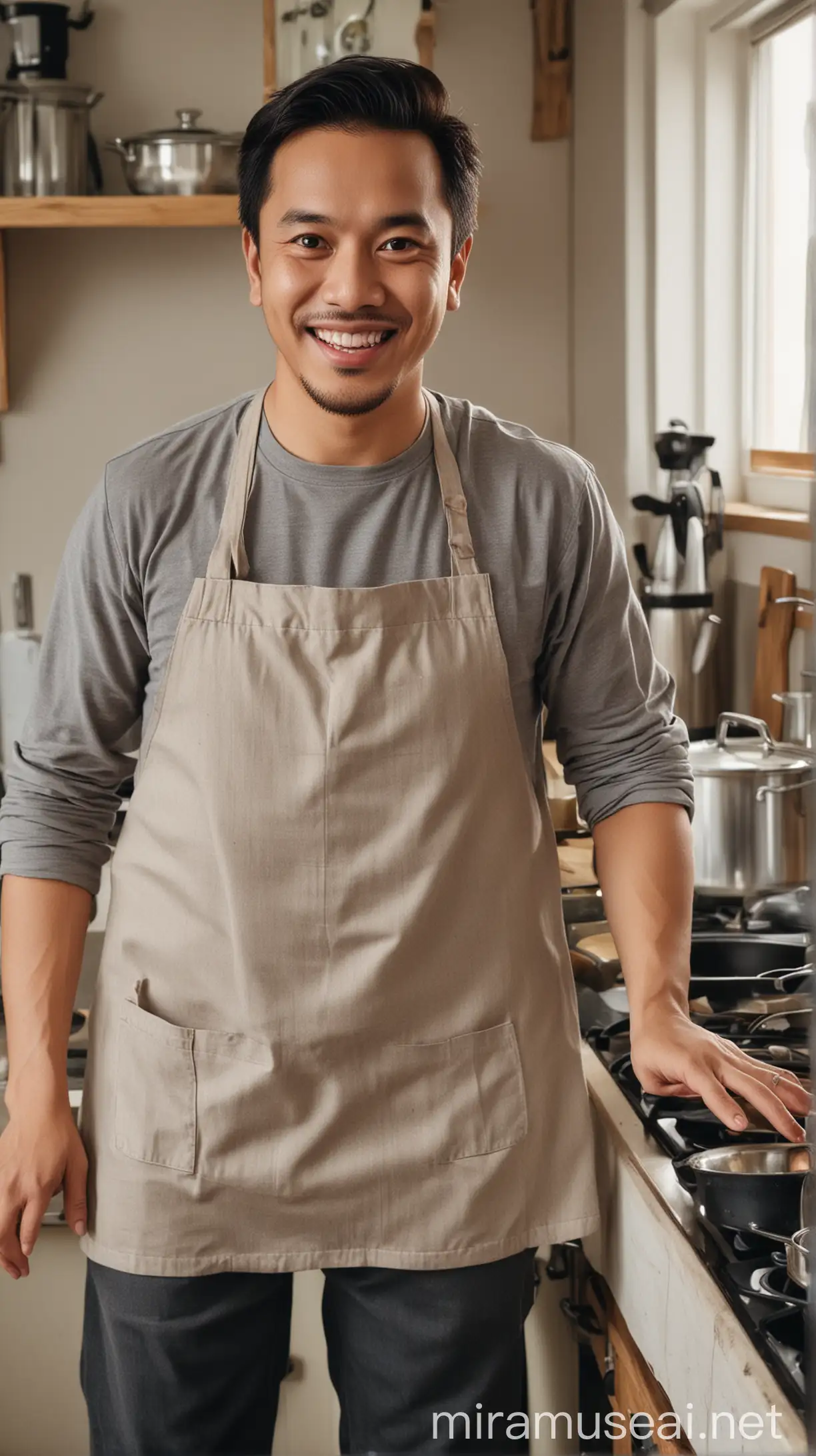 Cheerful Indonesian Husband Cooking with Enthusiastic Wife in Modern Kitchen