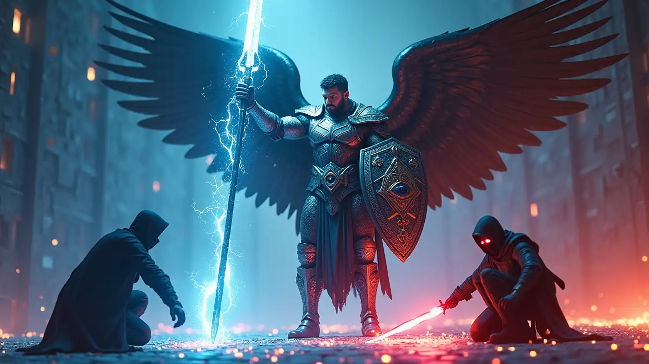 A cinematic digital battlefield. A muscular humanoid angel stands ready for war, clad in ornate, radiant holy knight armor — plated, engraved with celestial glyphs and cryptographic symbols, glowing faintly with divine light. Towering wings spread from his back, dark and powerful. His face is human and noble, his expression grim and focused. In his left hand, he raises a large, gleaming shield etched with a divine eye-inside-hexagon emblem. In his right, a glowing spear crackling with blue-white energy is held aloft, ready to strike.nAcross from him, a hooded cyber thief crouches in dark glitching armor, glowing red eyes beneath a shadowed hood. He holds a jagged energy blade, and they clash above a glowing hexagonal tessellated grid that flickers underfoot. The digital environment is charged — falling code, circuitry walls, and neon embers fill the air, evoking a standoff between divine protection and corrupted intrusion.nLighting splits the scene: cold blue divine energy on the angel’s side, searing red chaos on the hacker’s