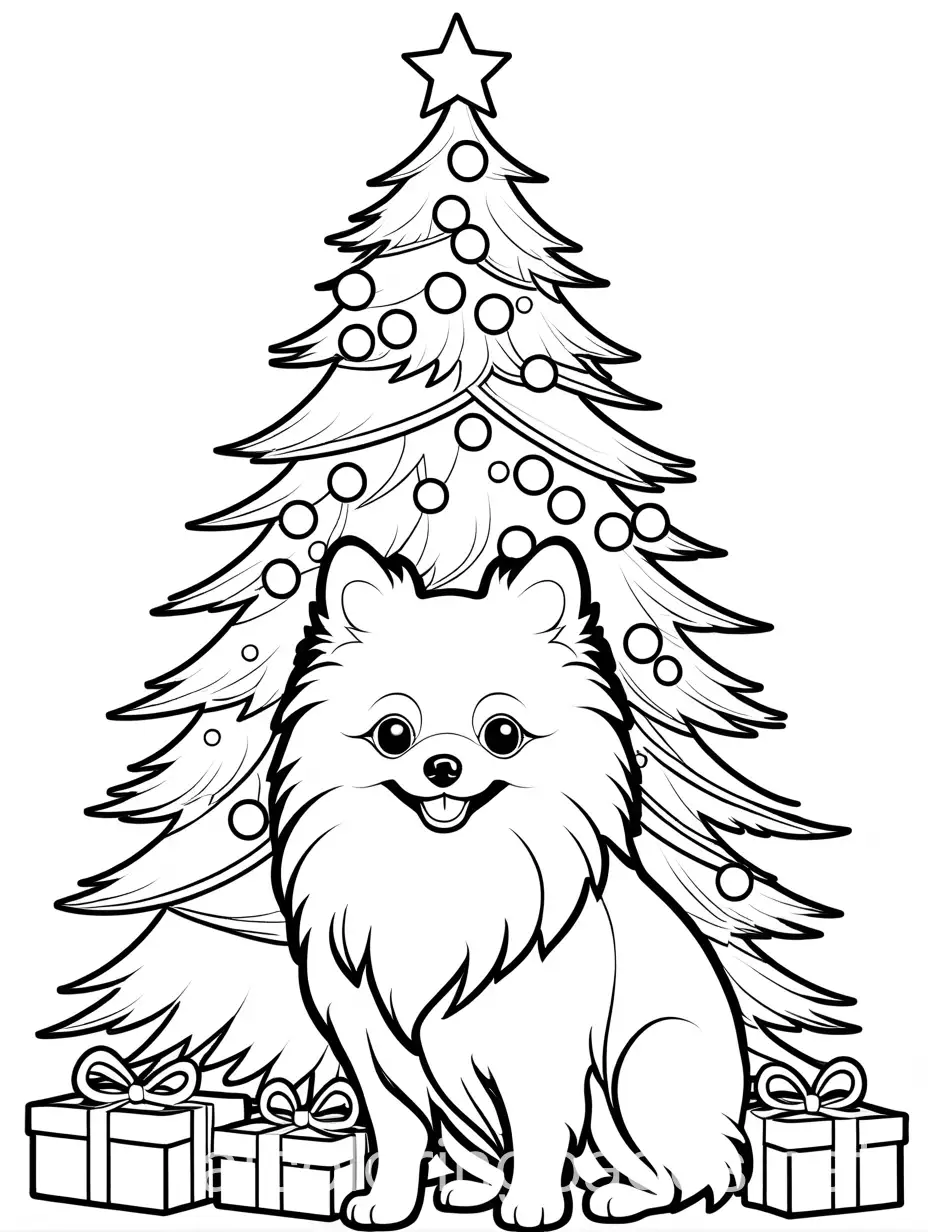 Pomeranian-Dog-with-Christmas-Tree-Coloring-Page-for-Kids