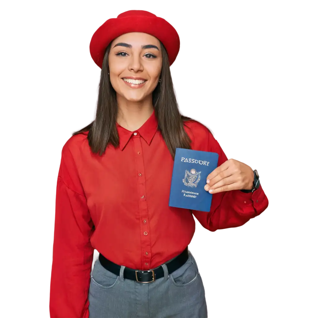 Smiling-Woman-with-Red-Shirt-and-Hat-Holding-Passport-PNG-Image-for-Travel-Photography