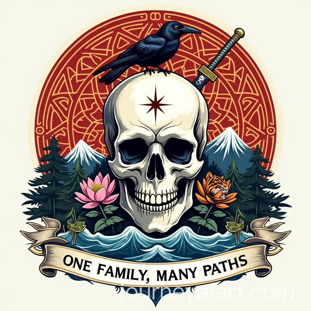 Traditional-Family-Crest-with-Skull-Crow-Tiger-and-Lotus-in-Coat-of-Arms-Style