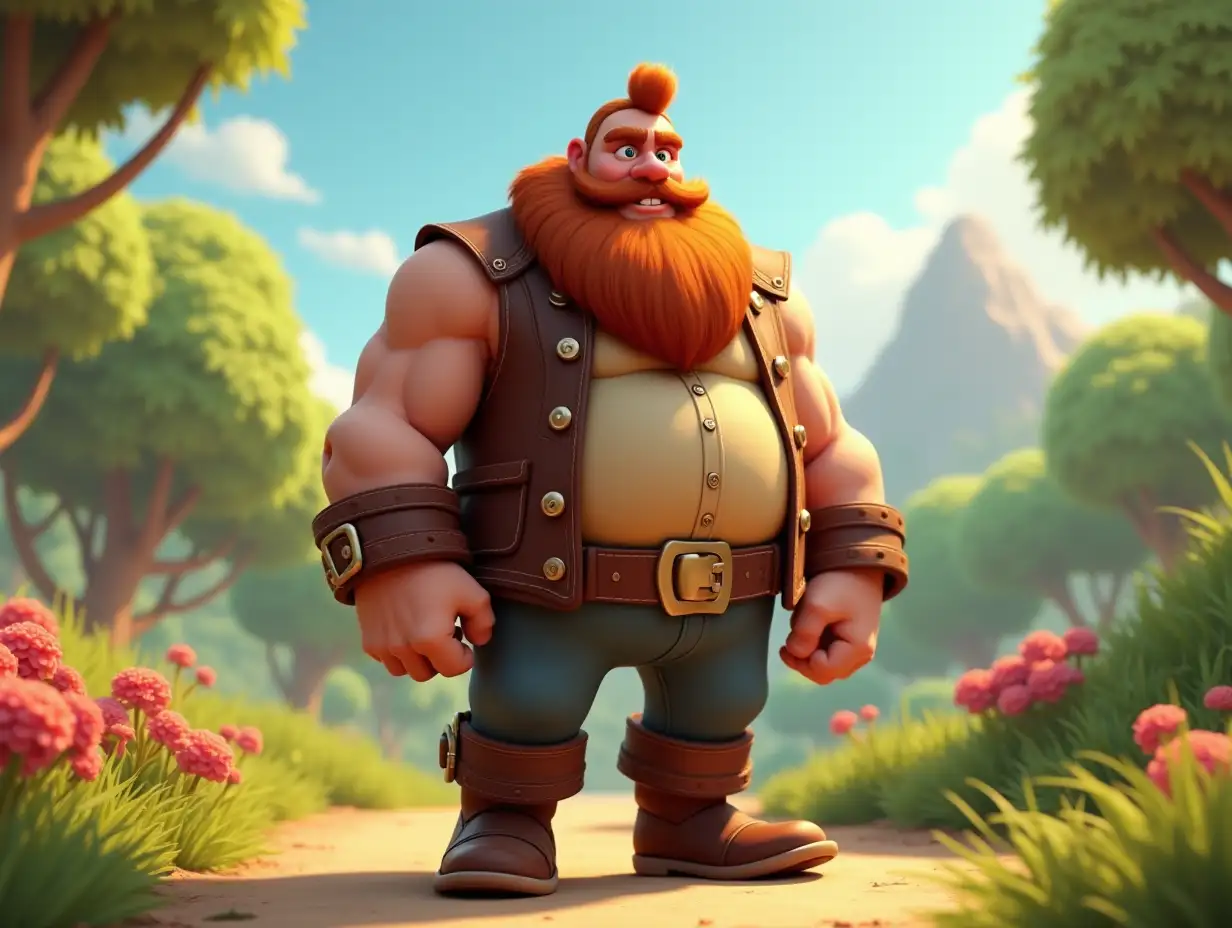 A male giant with beard. Wearing leather vest and boots. A beautiful garden in the background. 3d cartoon.