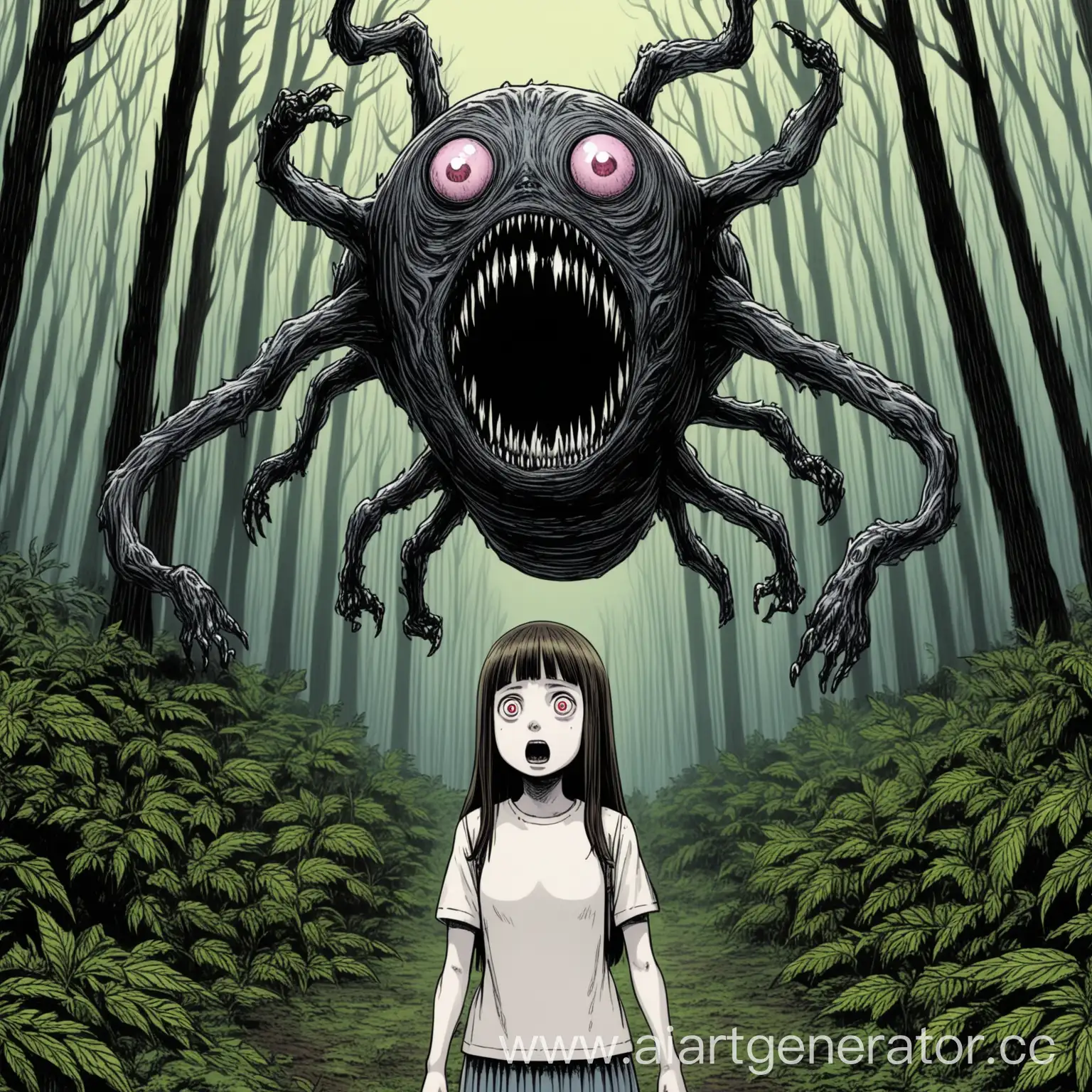 cute girl controls drone in forest and gets scared when she sees monster in forest  style Junji Ito 