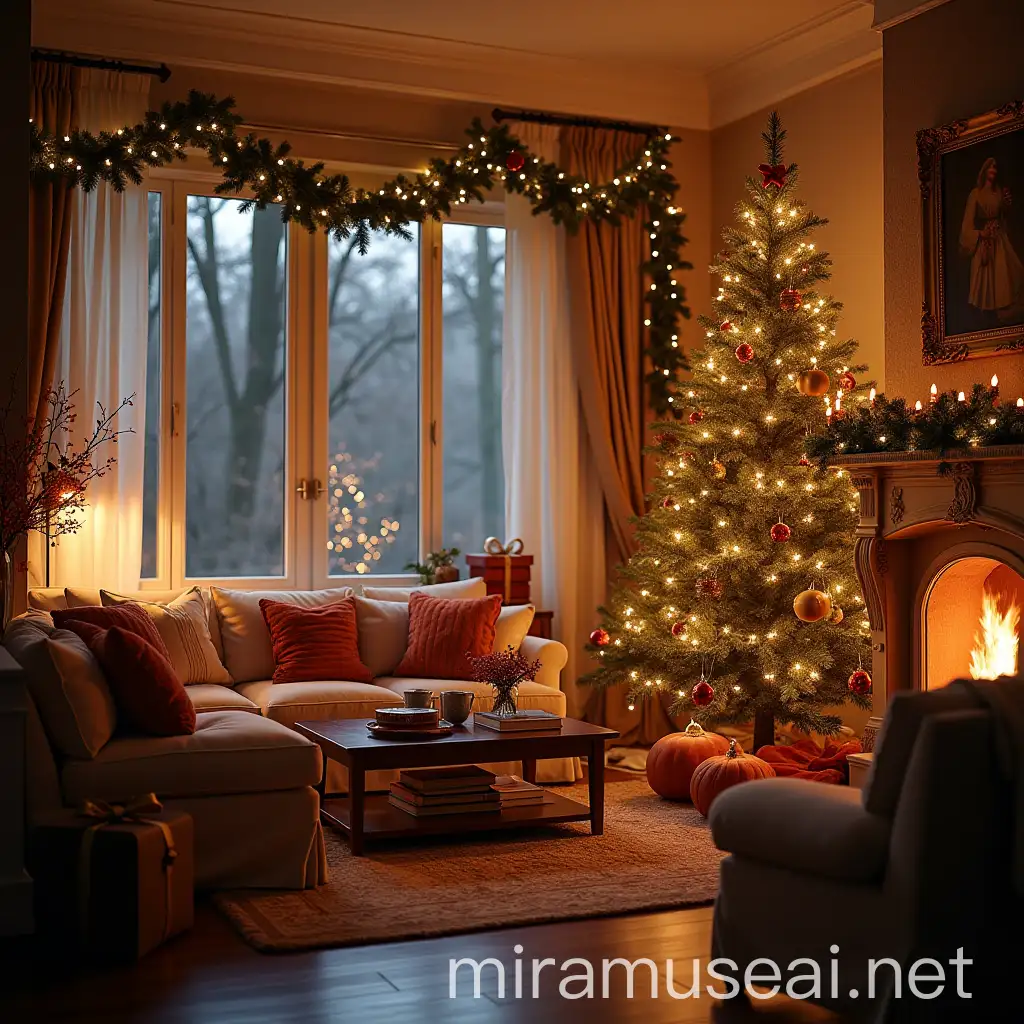 Festive Christmas Morning Living Room with Decorations