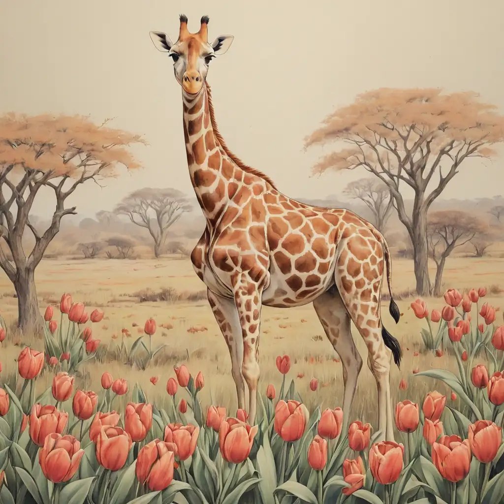 Giraffe in Savanna with Tulips Pen Drawing