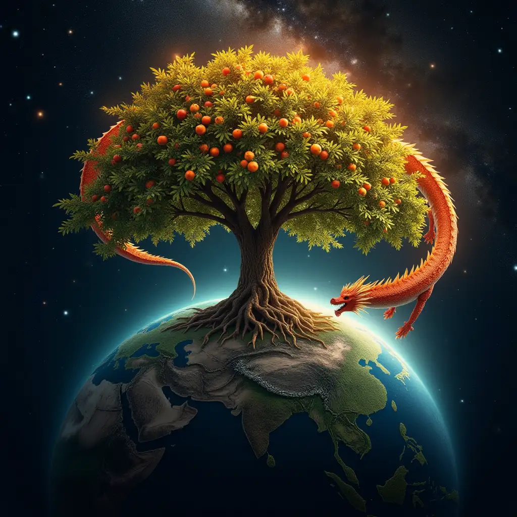 Harmony-of-Nature-and-Cosmos-Majestic-Tree-with-Golden-Apples-and-Autumn-Dragon