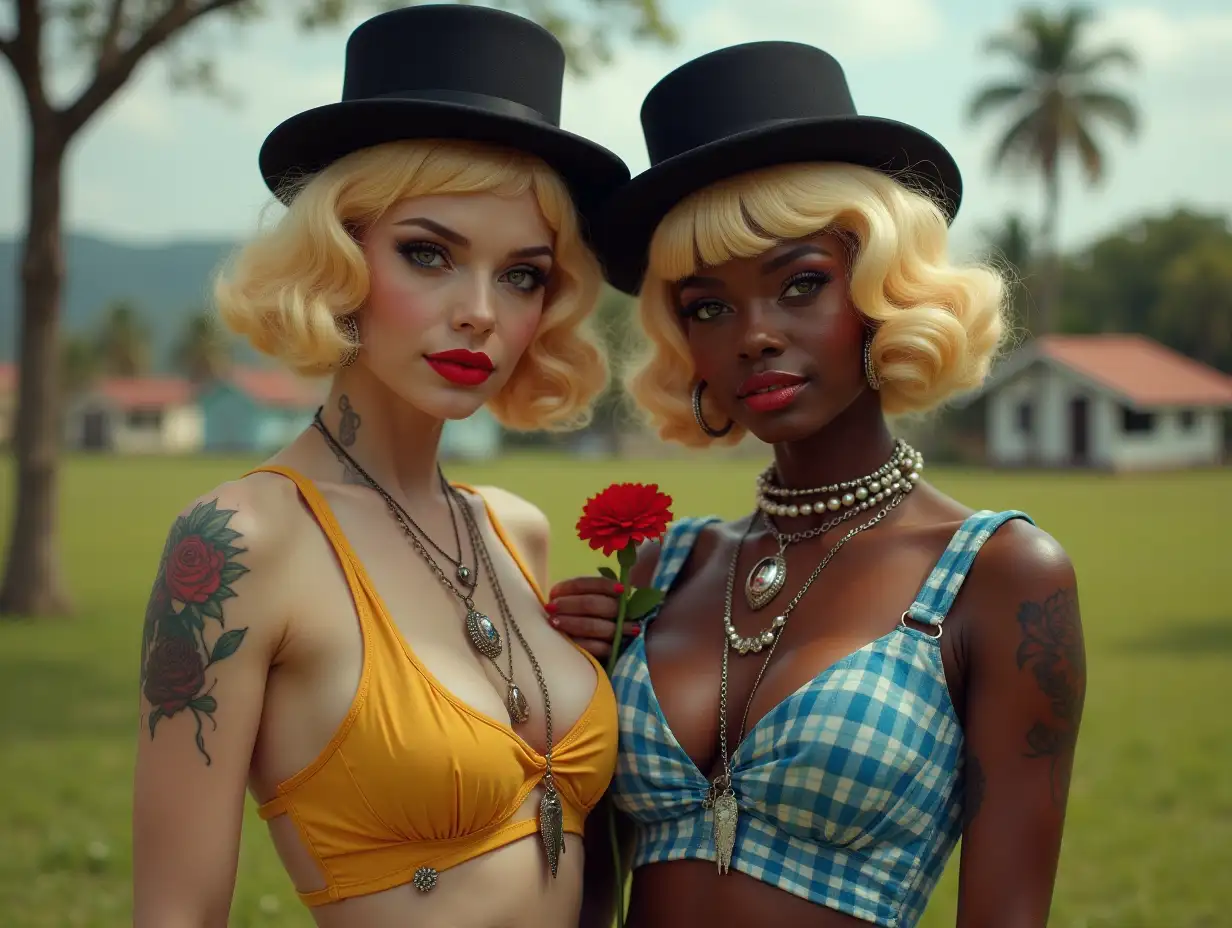 Two round Pin-up girls with blonde hair wearing a low-cut yellow and blue checked blouse, with a light smile on their faces, tattoos, top hat, red lipstick highlighting their smiles, modern jewelry, black skin, and carrying a carnation in their hand, in a park with many houses in Brazil Cyberpunk