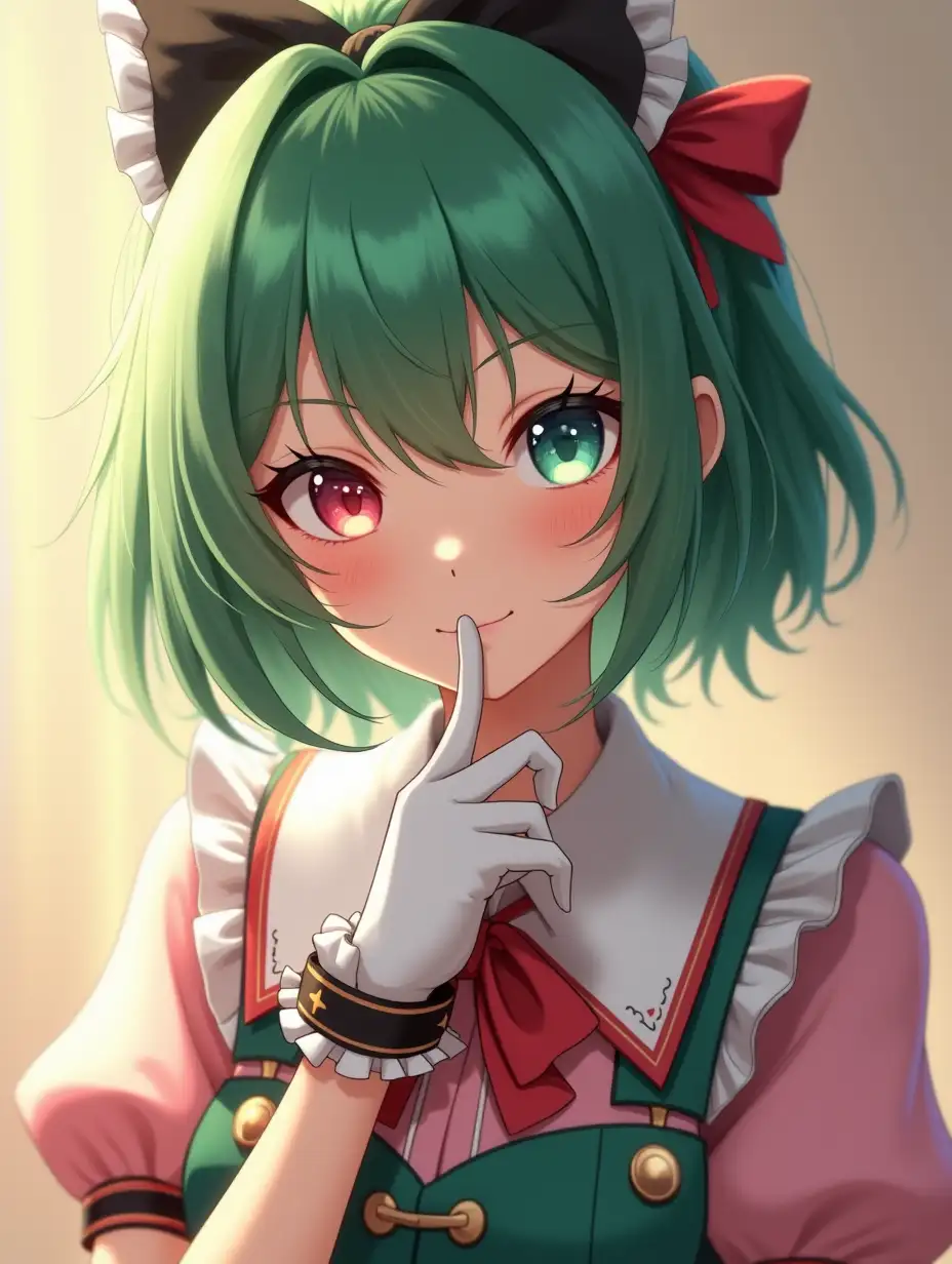 3d, girl (ethnicity:1.2), (age:1.1), (detailed clothing:1.2), (facial features:1.3), (expression:1.2), (body type:1.1), (pose:1.2), finger on lips,  center of frame,  facing directly at viewer,  short green hair,  bangs, hair between eyes, vibrant teal-red eyes,  (detailed skin texture:1.2),  wearing a lolita fashion uniform, white gloves, high-detailed hair with subtle highlights, head tilt, soft lighting (warm-toned lighting),  soft-focus and gradient colors,  anime style, digital art, detailed clothing, intricate eye details,  (expression:1.2),  close-up portrait,  photorealistic style,  (detailed background:1.1),  dynamic composition,  beautiful design,  warm colors, bright lighting,  8k resolution,  hyperrealistic style, artstation quality.