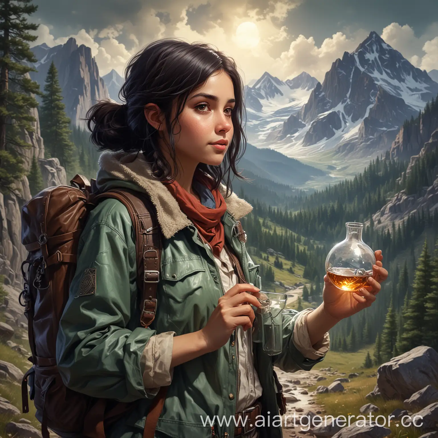 Adventurous-Girl-Alchemist-with-Glass-in-Mountainous-Forest-Setting