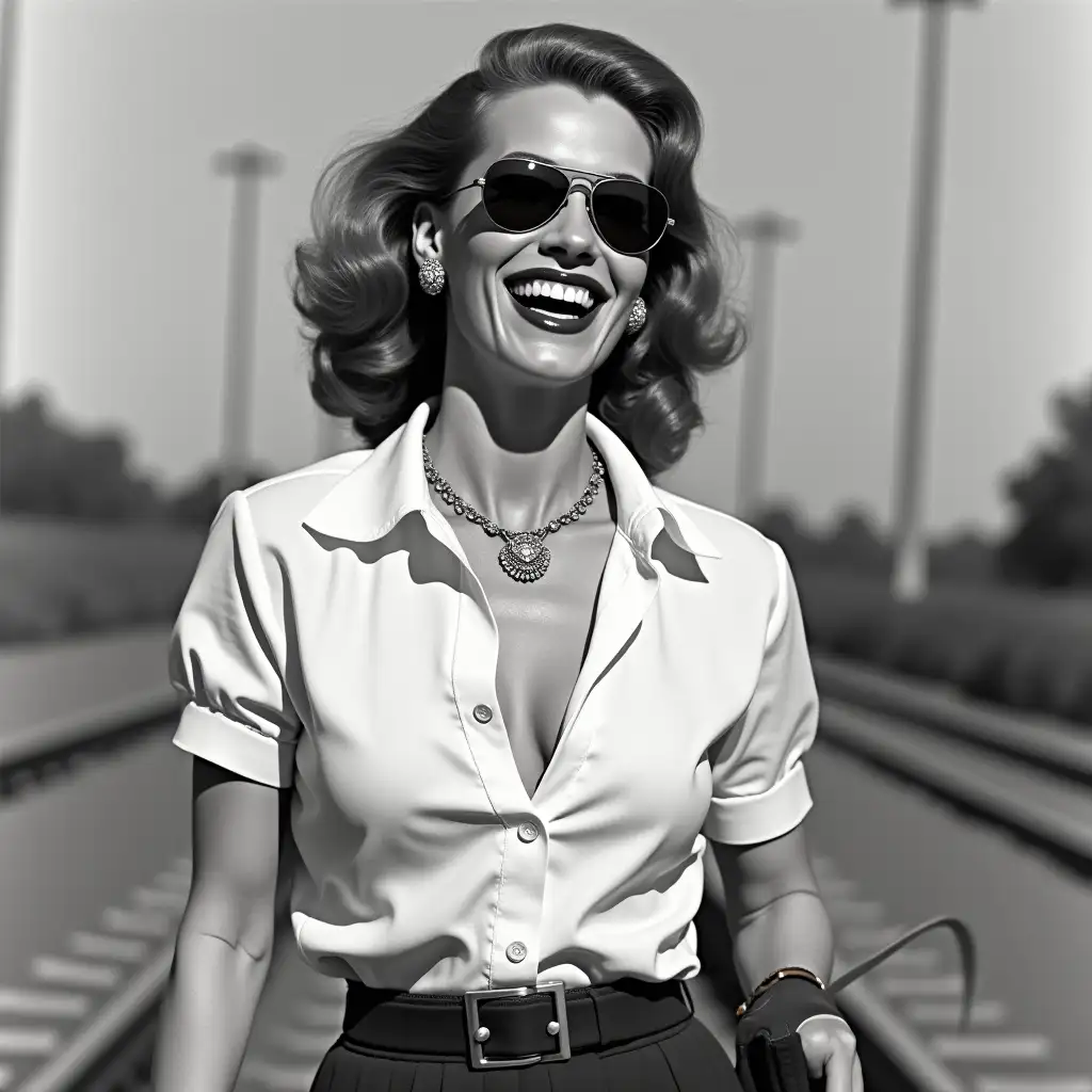 Rita Hayworth, wearing a white deep-necked security shirt, laughing with her mouth open, red lipstick accentuating her smile, jewelry, aviator sunglasses, white skin, whip in hand, walking on rails, australia