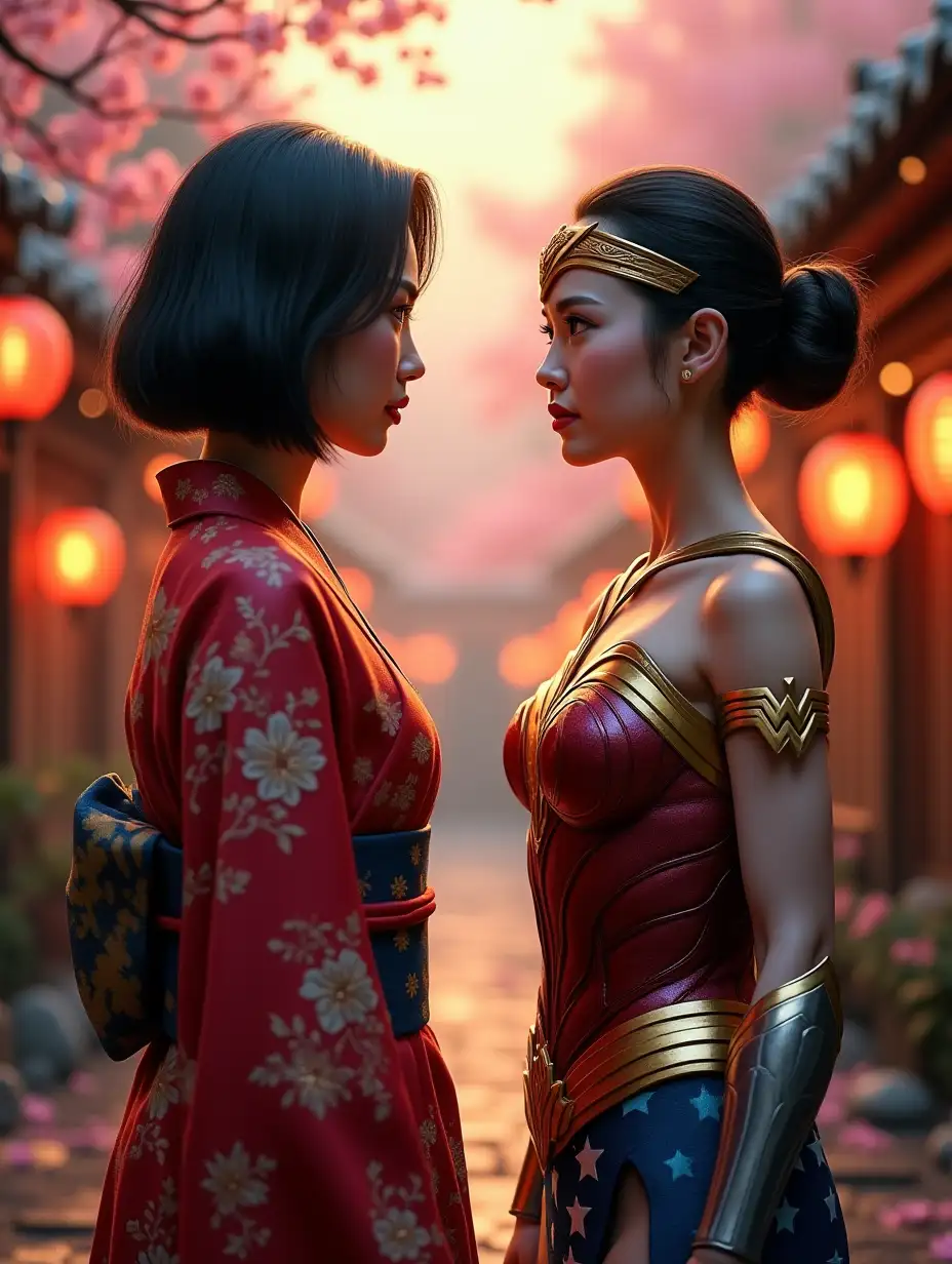 Create a highly realistic and captivating digital artwork featuring a modern Japanese woman in a stunning kimono. The kimono should have intricate glowing embroidery symbolizing strength and grace. Her sleek bob haircut is perfectly styled, and her expression is intense and determined. In front of her stands a chubby and cheerful Wonder Woman, dressed in the highly detailed Marvel movie-style Wonder Woman costume. Both characters are facing each other in a tense standoff, with their stances ready for battle. The background should feature a traditional Japanese village reimagined with modern aesthetics, including softly glowing LED-lit paper lanterns, polished wooden houses, and sakura trees with gently falling petals. Cinematic bokeh effects should be used to focus on the two women, adding depth and intensity to the scene. The lighting should create a dramatic, golden moment, with dynamic highlights emphasizing the readiness and epic nature of the confrontation. Every detail, from the fabric of the kimono to the vibrant armor of Wonder Woman, should highlight both modern magnificence and cultural authenticity.