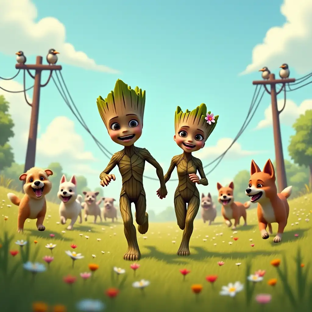 Teenage-Groot-and-Girlfriend-Being-Chased-by-Dogs-in-a-Meadow