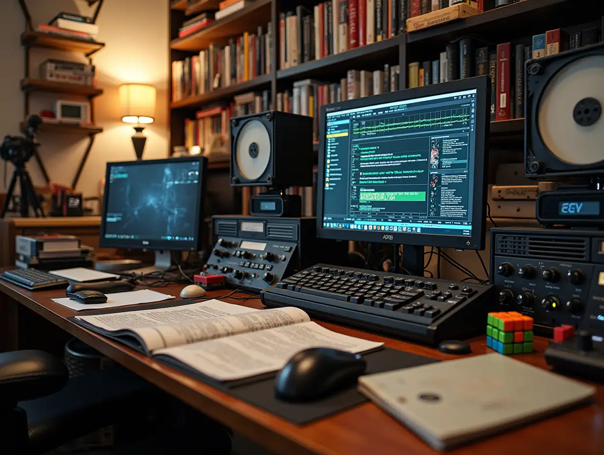 Photo of my home office. Many electronic devices in the background, tape recorder, moving parts, Rubik's cube, specialized literature, very chaotic, messy