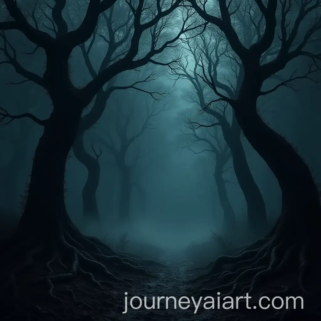 Eerie-Ancient-Forest-at-Night-with-Twisted-Trees-and-Ominous-Mist