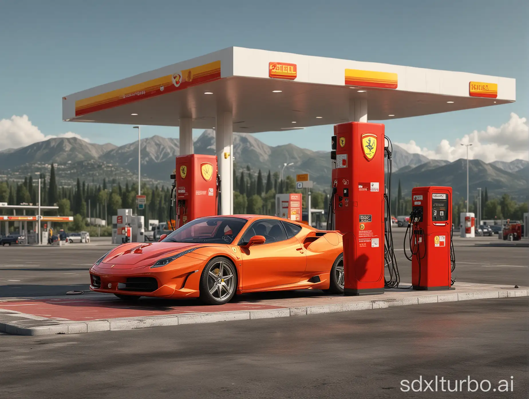 refueling the ferari supercar , shell gasoline station setting, hyper realistic.