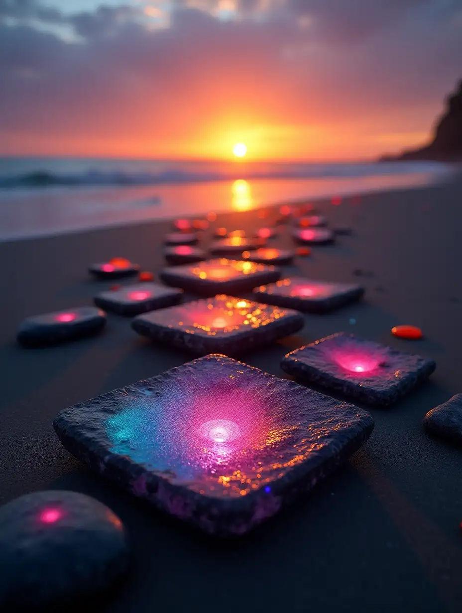 colored square stones with internal shine on the beach, nature, sea, sunset, art photo