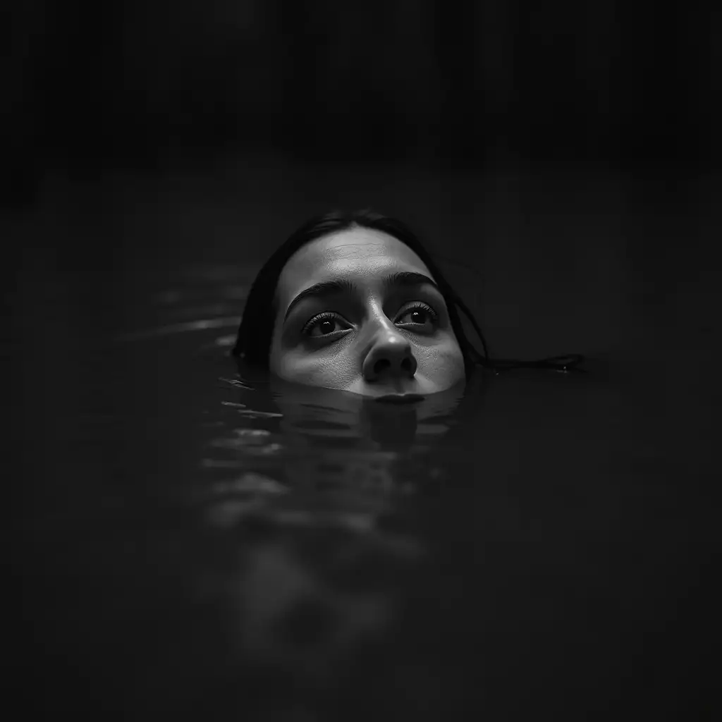 Grayscale image of a face partially submerged in dark, murky swamp water. Only a small portion of the face is above the water, with the nose, brow, eyes, and mouth visible, pointing upward. The water appears eerie and still, creating a lonely and unsettling atmosphere. The background is dark and indistinct, adding to the sense of isolation and mystery.