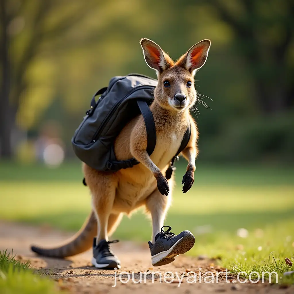 Kangaroo-Running-with-Backpack-and-Sneakers-in-Park