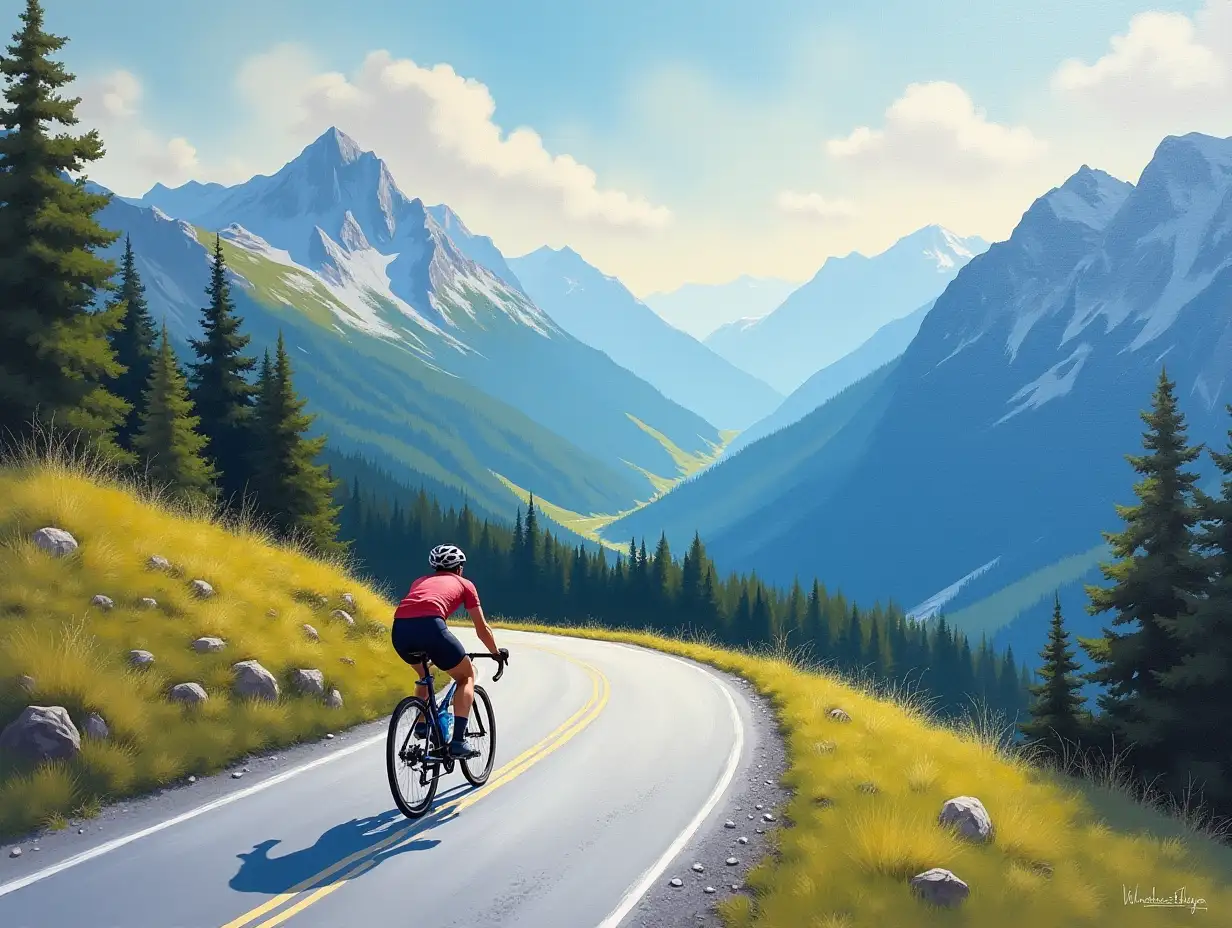 cyclist riding down mountain road, oil painting