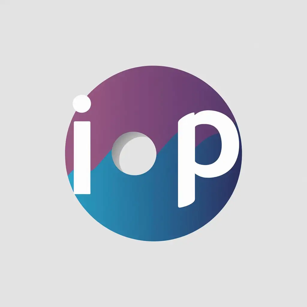 a vector logo design,with the text "i:P", main symbol:Text: I:P, text color: gradient from purple to blue, a half-circle cutout in the middle of a blue circle,Moderate,clear background