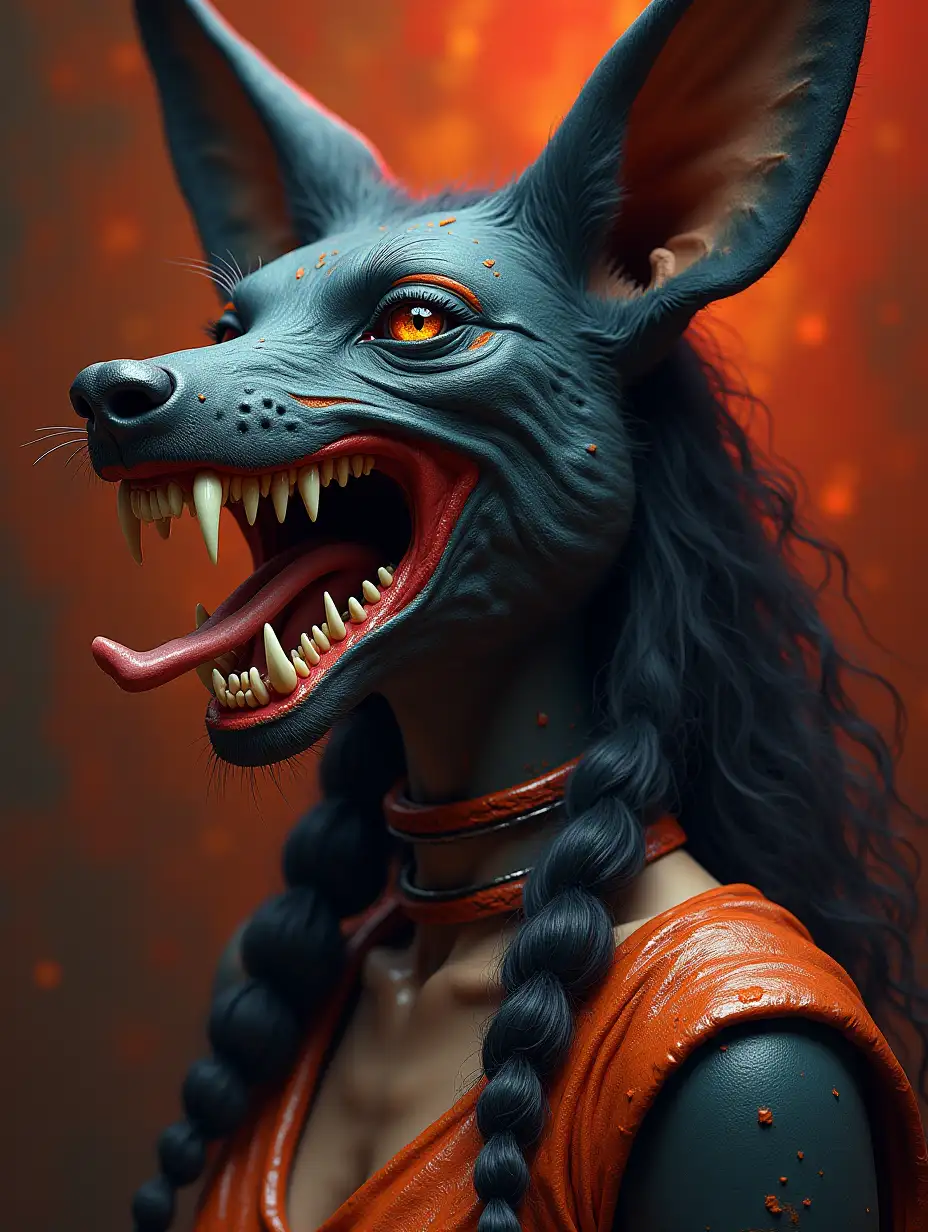 A woman as Anubis, God of the Underworld, sharp teeth,  complimentary colors, fine art rendering, hyper detailed render