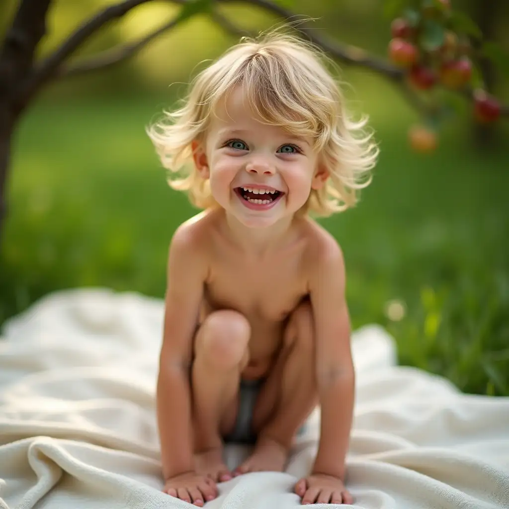 Skinny-Little-Girl-Laughing-Under-an-Apple-Tree-on-a-Blanket