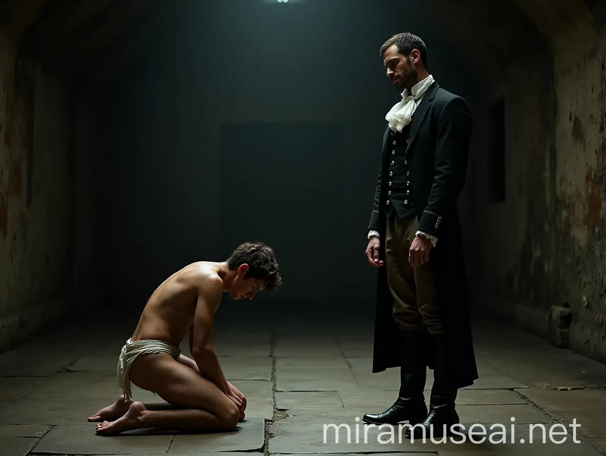 A low angle, full body shot of an extremely lean, handsome young man, about 18 years old, kneeling barefoot on a cold, dirty stone floor in a dimly lit, wide ancient vault. His body is positioned to the left, showing his right side, his head bowed humbly, gazing at the floor. His slender, delicate frame glistens with sweat, highlighting cuts and bruises across his skin. He wears a ragged, torn and ripped loincloth, thin with age, barely covering his dirty and injured body. His expression is desperate and fearful, accentuating his vulnerability. Opposite him stands a powerful nobleman, dressed in a pristine Regency-era outfit, his tailored black tailcoat with silver buttons perfectly fitted over a white waistcoat. His cravat is neatly tied around his neck, and he wears finely pressed breeches tucked into polished black boots. White stockings, along with a gleaming pocket watch, complete his look, representing wealth and authority. The contrast is stark—his face exudes disdain, casting a dominating presence as he gazes down at the young man. The damp prison walls, thick with dust, dirt, and cobwebs, heighten the oppressive atmosphere. Faint light filters through a small grated window, casting dramatic shadows across the scene. The dramatic interplay of light and shadow focuses on extreme realism, capturing the suffering of the young man and the harshness of his environment, with vivid colors and meticulous attention to every agonizing detail. Shot with a Nikon Z7 II, 50mm f/1.4 lens, shallow depth of field.