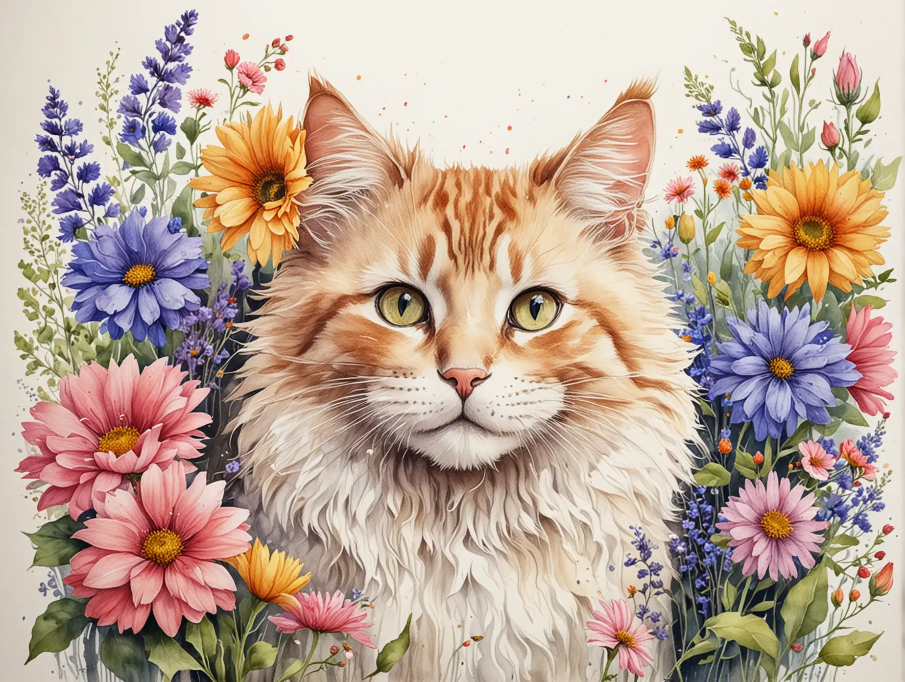 Detailed-Watercolor-Drawing-of-a-Cat-Surrounded-by-Flowers