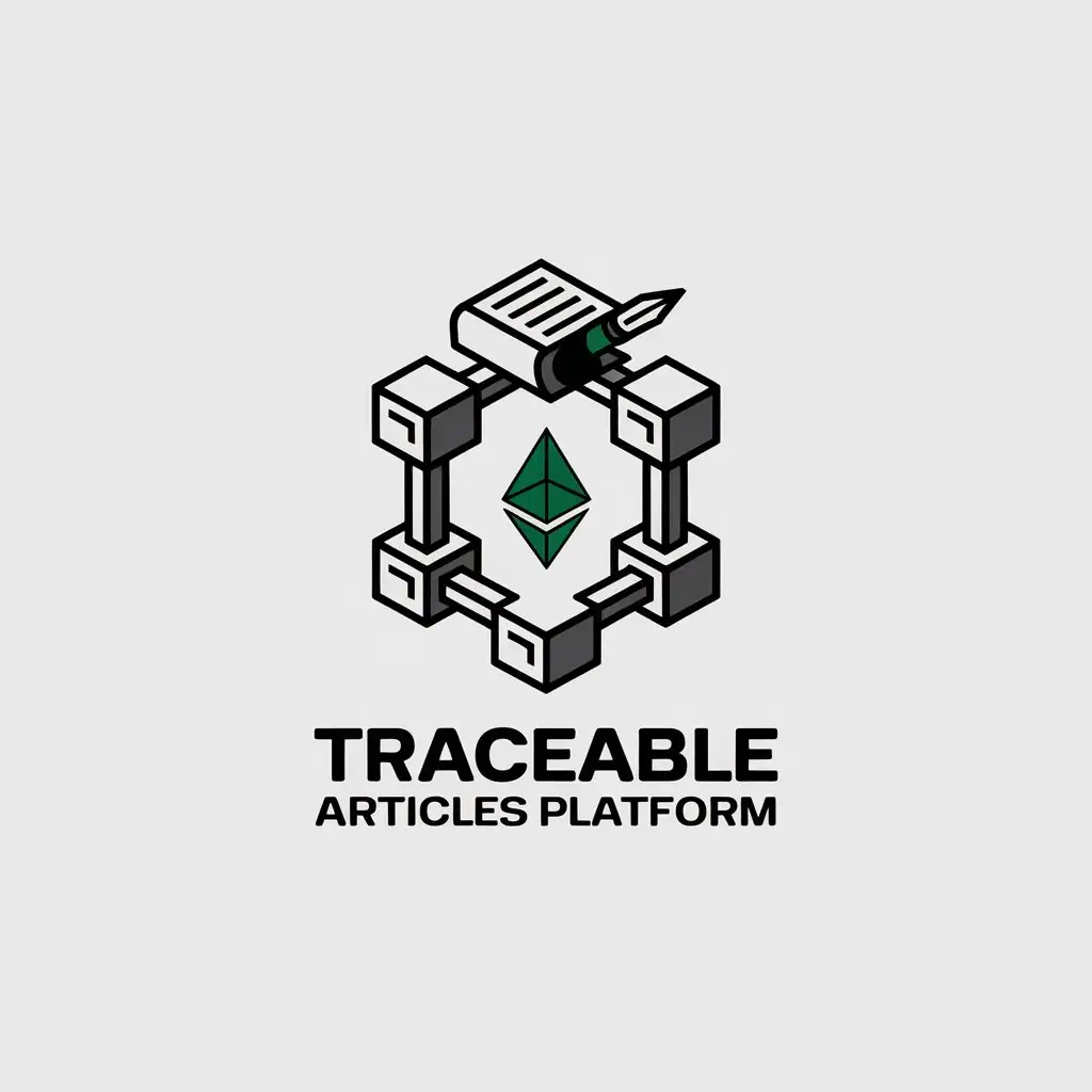 a vector logo design,with the text "Traceable Articles Platform", main symbol:Design a logo for the 'Traceable Articles Platform' project, which uses blockchain technology (Ethereum) to ensure the originality of articles. The logo should incorporate blockchain elements such as chains, blocks, or digital symbols, combined with visual elements related to articles and originality, like a pen, book, or paper. Use modern and tech-oriented colors such as blue or green to convey innovation and trustworthiness.,complex,be used in Internet industry,clear background