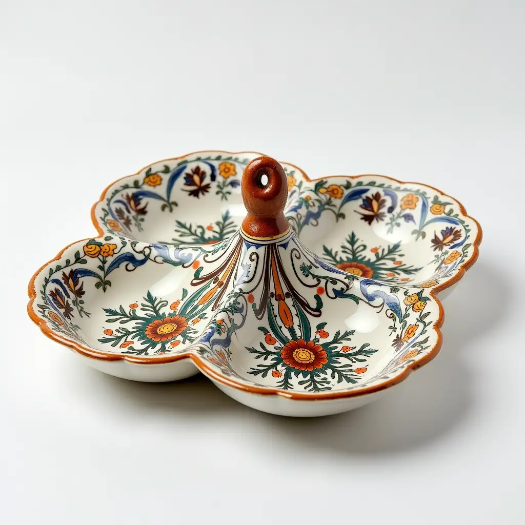 A four-piec ceramic serving in the shape of a four-petaled flower with a ceramic handle, Underglaze painting on white body, Fine art, Hyper detailed, Antique and old, Qajar art, Iranian Tabriz carpet design