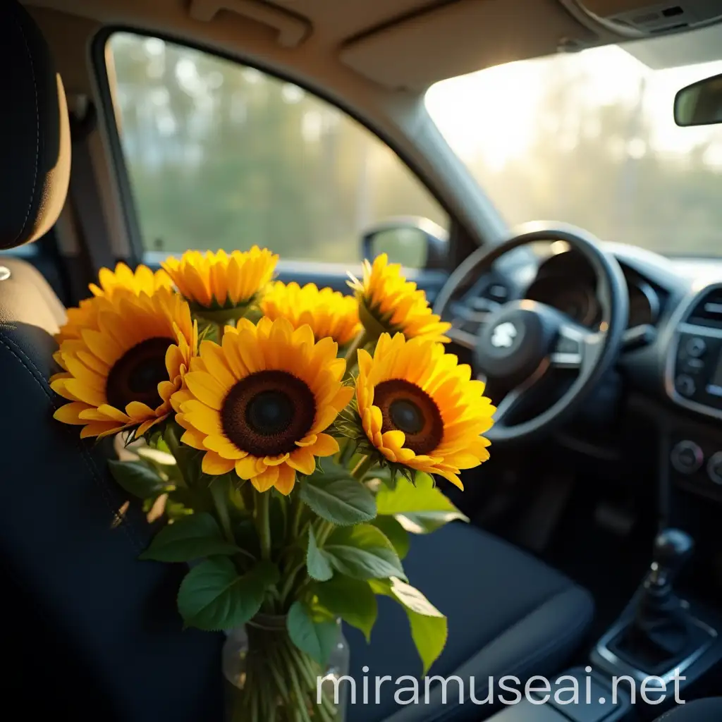 Cheerful Yellow Sunflowers in Modern Suzuki Swift Interior