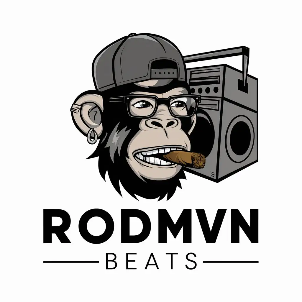 a vector logo design,with the text "RODMVN BEATS", main symbol:A monkey with pierced ears and a cigar in its teeth, in a cap and glasses, holding a boombox on its shoulder,Moderate,be used in Entertainment industry,clear background