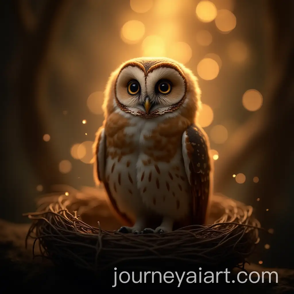 Majestic-Owl-Nestled-in-a-Golden-Glow-with-Enchanting-Bokeh-Background
