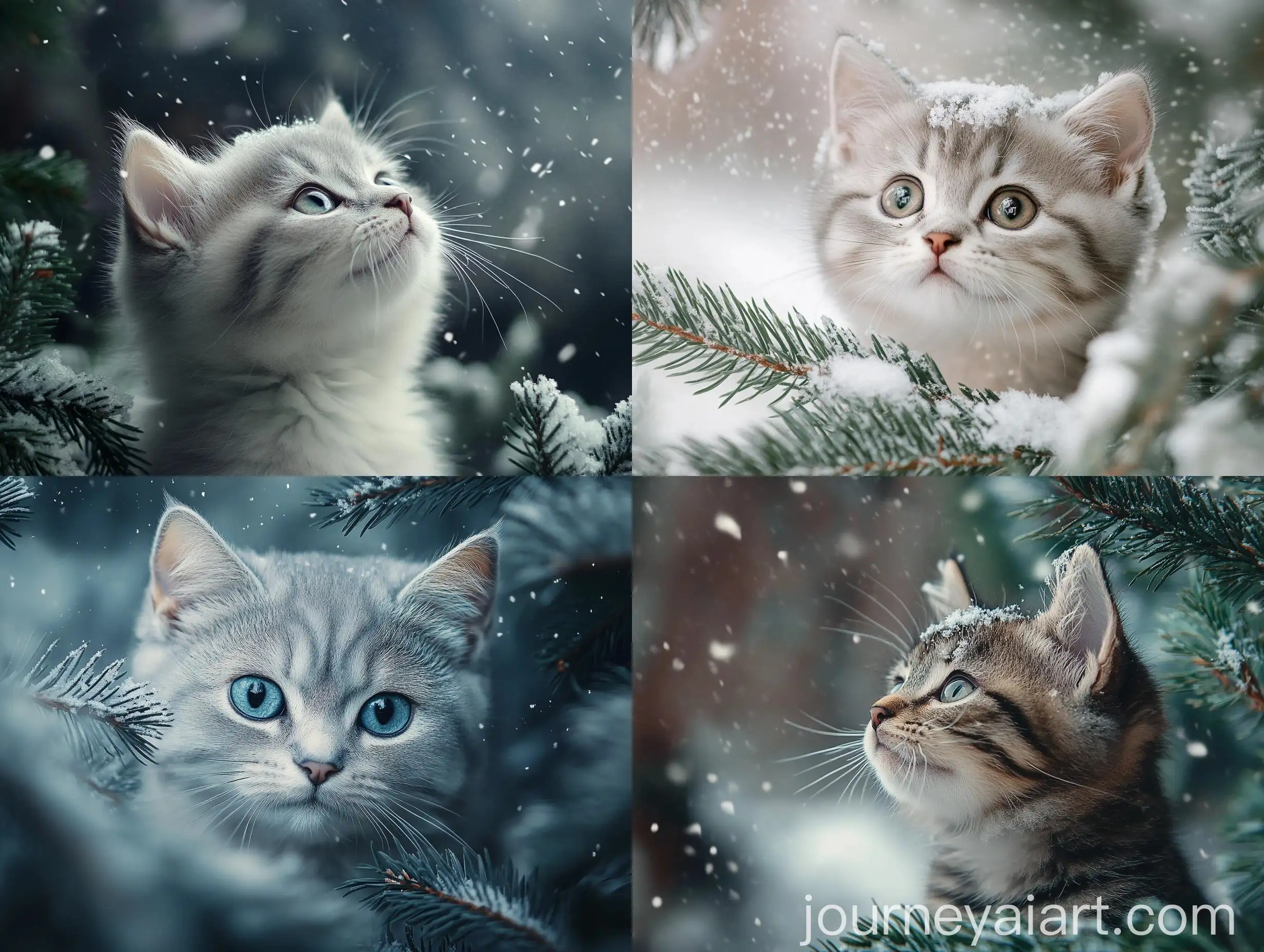 Silvery-Kitten-in-Winter-Forest-Among-Green-Spruce-Branches