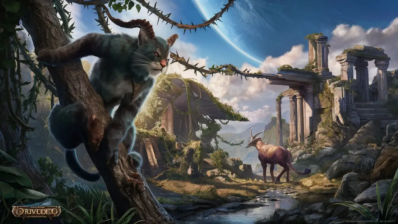 Stylized Jungle Druid Feral Cat Climbing Tree Branch in Ancient Ruins