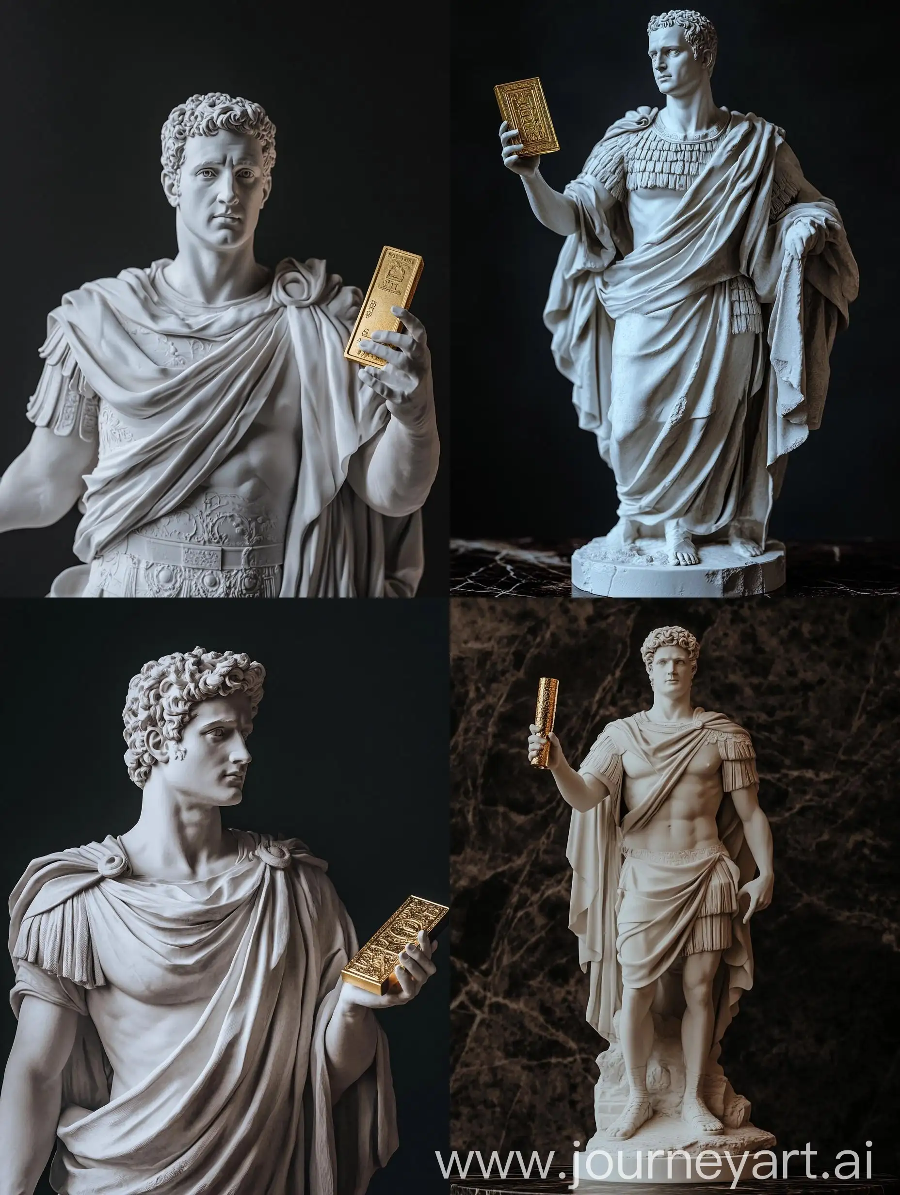 Majestic-Statue-of-GAY-JULIUS-Caesar-Holding-a-Gold-Bar-on-Dark-Background