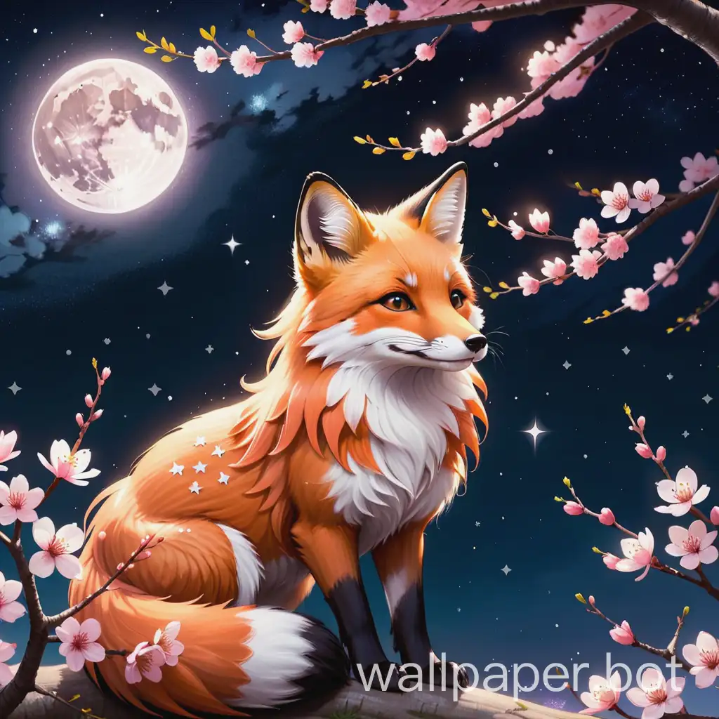 cherry blossom fox under a stary night sky