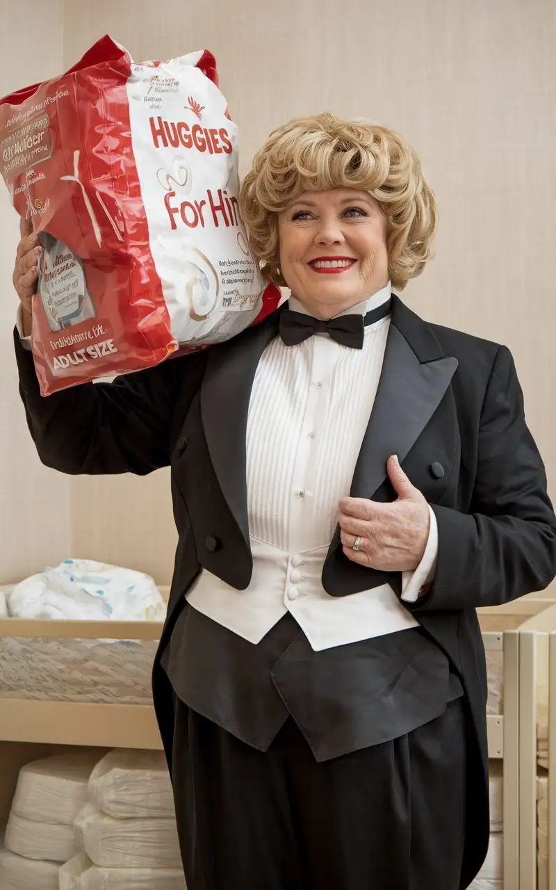 Smiling-MiddleAged-Woman-in-Tuxedo-with-Diapers-in-Nursery