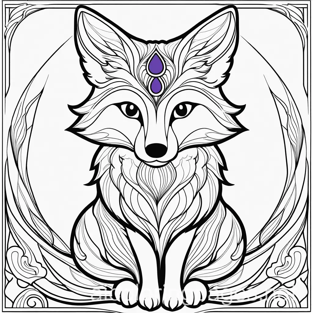 Fox-Coloring-Page-with-Purple-Gem-Black-and-White-Line-Art