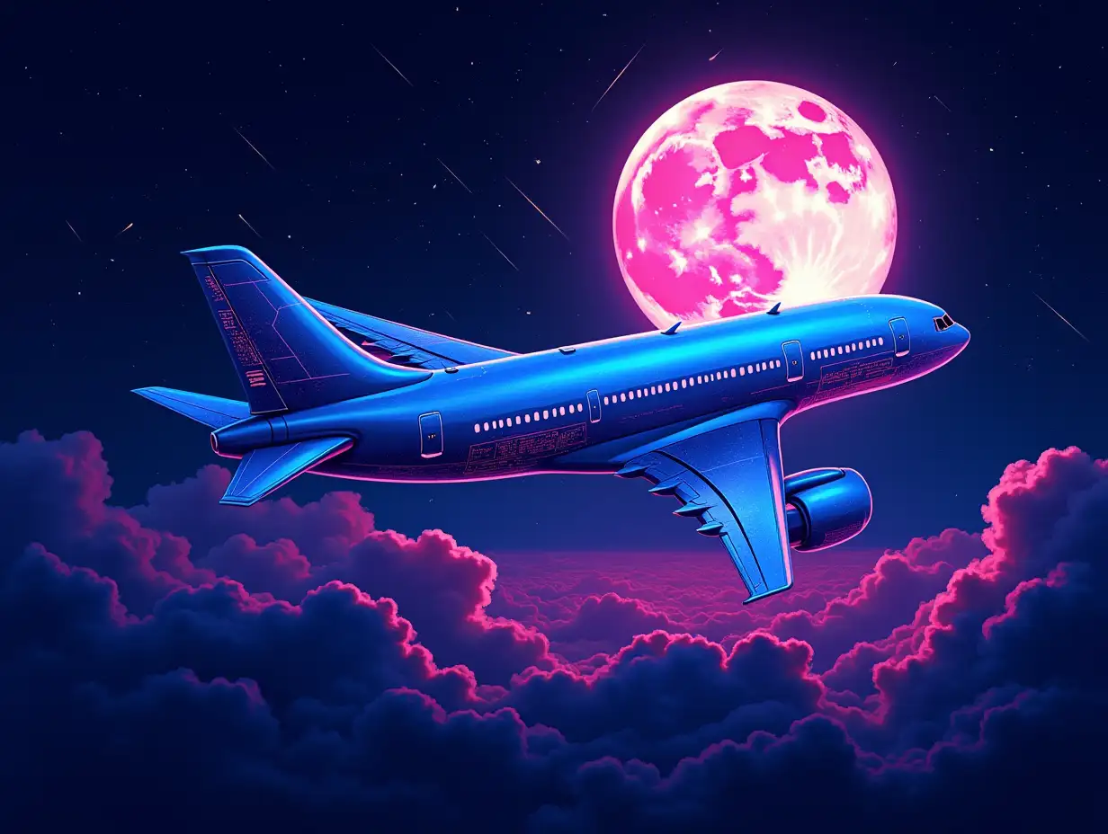 Tshirt design: a bold and dynamic t-shirt graphic featuring a passenger aircraft at night, with neon lights glowing in shades of blue, pink, and purple inspired by cyberpunk style. Incorporate abstract geometric shapes and digital patterns to give a cyberpunk vibe. In the background, include a large moon and glowing clouds, The design should feel modern, tech-driven, and visually striking, with a mix of sleek minimalism and vibrant color accents.