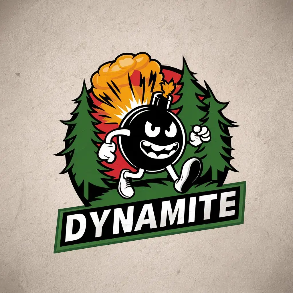 a vector logo design,with the text "Dynamite", main symbol:Angry bomb in 3d with legs and smile coming out of the forest, while explosion is happening at the backdrop,complex,be used in hiking industry,clear background,complex,be used in Entertainment industry,clear background