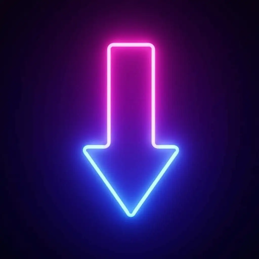 Neon arrow down and sign ‘start’, pink, purple, blue neon