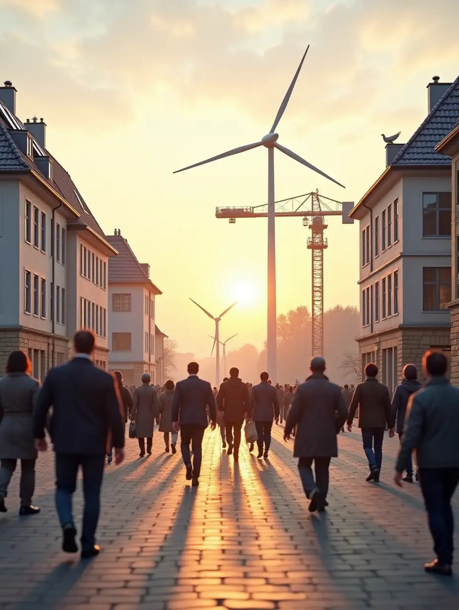 A photorealistic image of a modern German city square at sunrise, symbolizing new beginnings. In the center, a diverse group of people from different professional backgrounds (workers, business people, families) walking together on well-maintained cobblestones. The scene shows both traditional German architecture and modern sustainable buildings with solar panels. In the background, a peaceful dove perches on an industrial crane that's constructing new infrastructure. The morning light creates a warm, hopeful atmosphere, while wind turbines spin gently in the distance. The image should have natural colors, sharp details, and a balanced composition that suggests unity and progress. Photojournalistic style, high resolution, natural lighting.