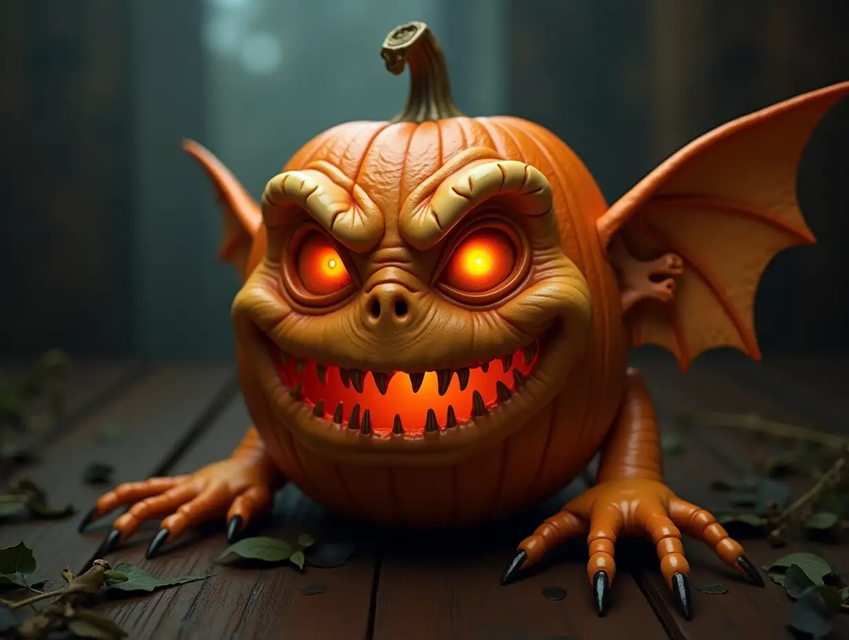 Pumpkin in the form of a realistic goblin, Halloween,photo, hyper realistic, cinematic, high definition