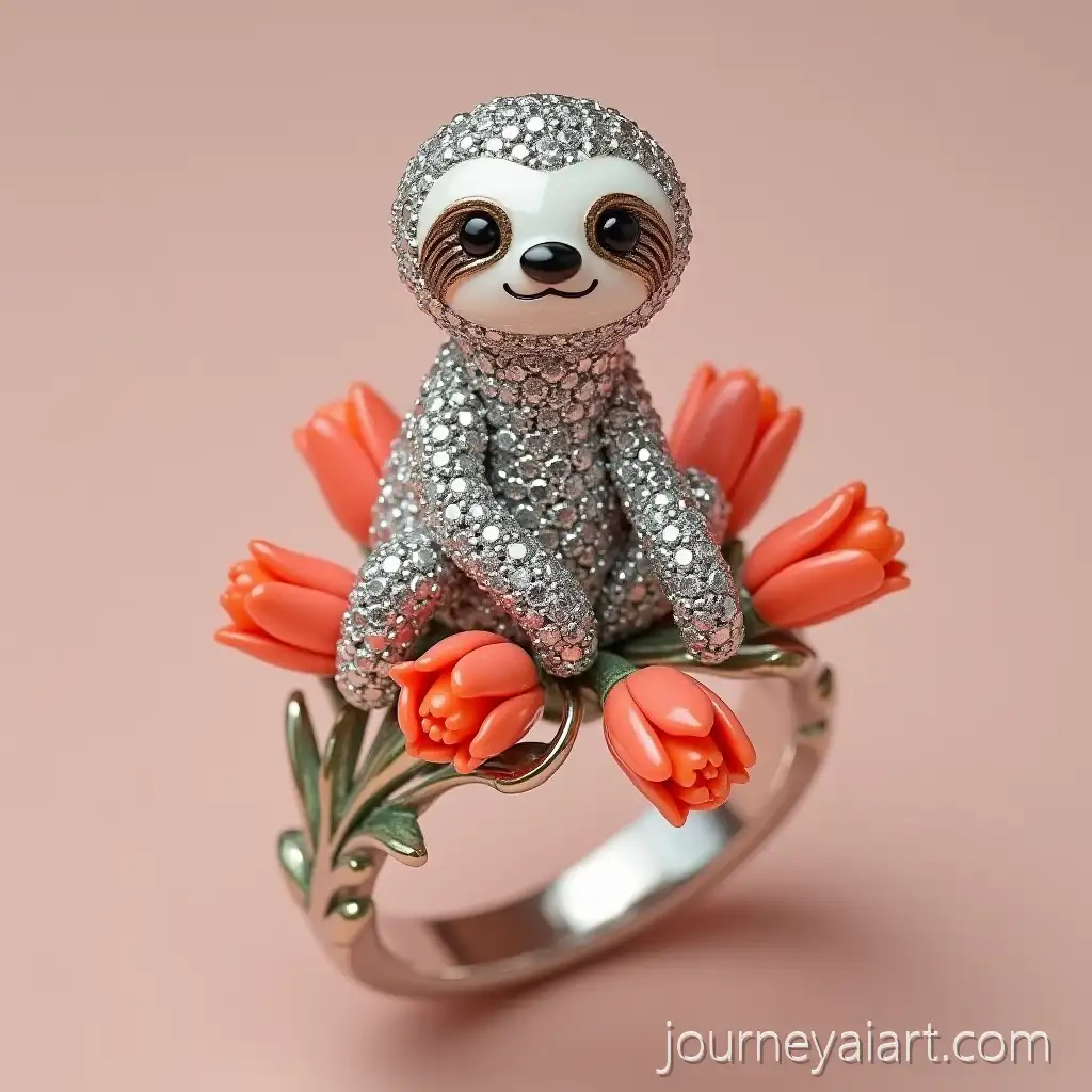 Cartoon-Sloth-withSloth-with-diamond-ring-White-Gold-Ring-and-Coral-Tulips