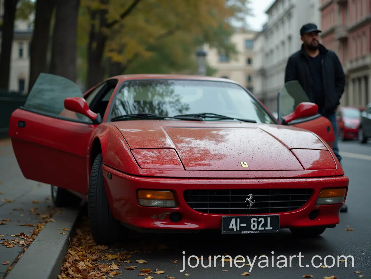 Sad-Man-Observing-a-Broken-Red-Ferrari-on-the-Side-of-the-Road