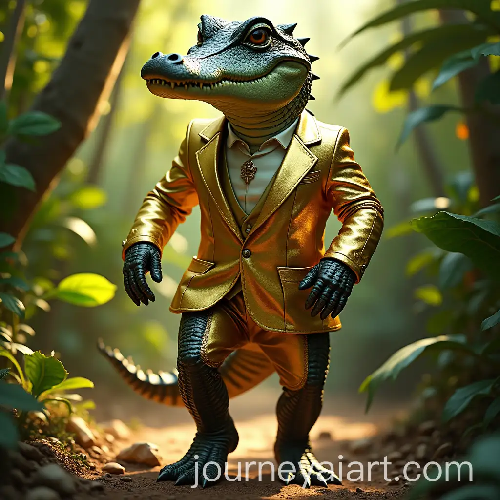 Confident-Crocodile-in-a-Golden-Suit-Strolling-Through-a-Lush-Jungle