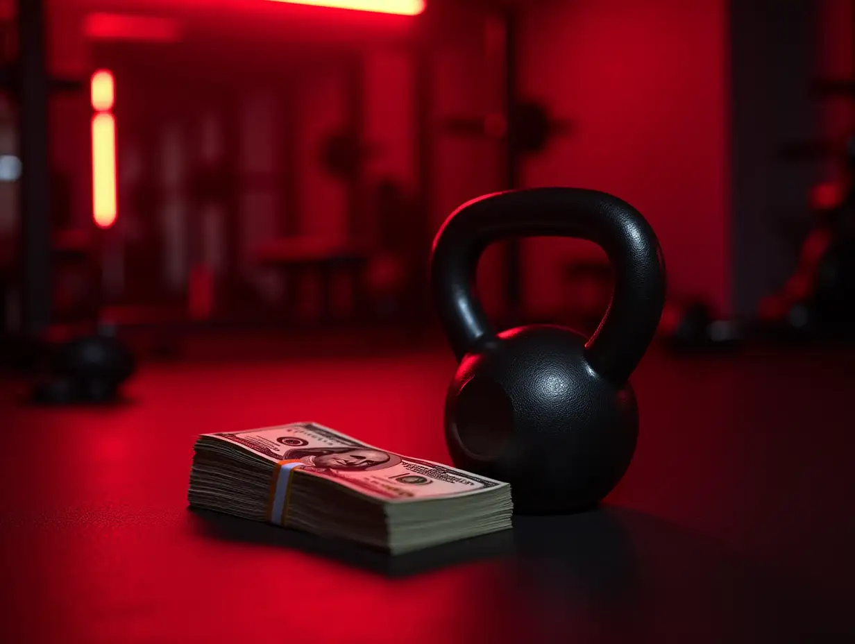 A dramatic, high-contrast photograph featuring a kettlebell and a big stack of dollar bills on a gym floor, illuminated by intense red neon lighting. The gym environment is dark and moody, with a faint glow highlighting the metallic texture of the kettlebell and the crisp details of the money. The background is blurred but suggests a hardcore fitness setting with workout equipment faintly visible. The red neon lighting adds a sense of energy, ambition, and financial success, symbolizing the profitability of the fitness business.